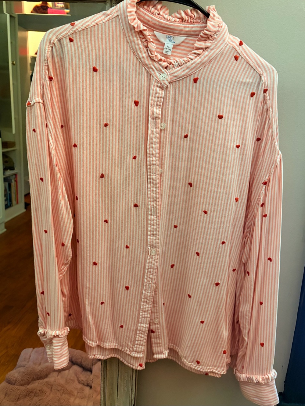 Pink Ruffle Collar Button-Up with Red Heart Dots